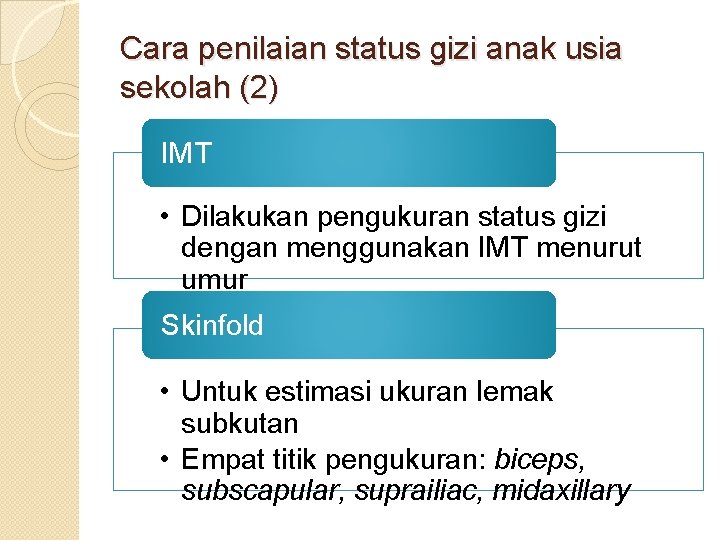 Cara penilaian status gizi anak usia sekolah (2) IMT • Dilakukan pengukuran status gizi