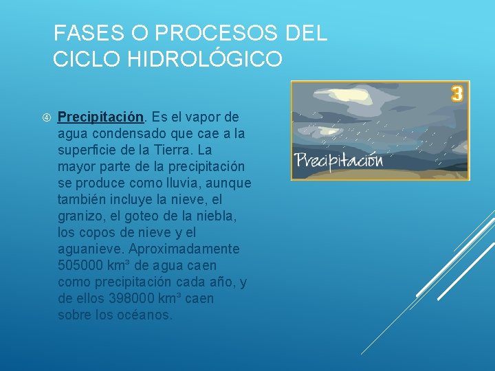 FASES O PROCESOS DEL CICLO HIDROLÓGICO Precipitación. Es el vapor de agua condensado que