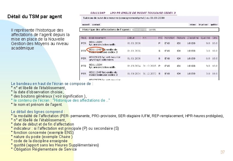 Détail du TSM par agent Il représente l’historique des affectations de l’agent depuis la