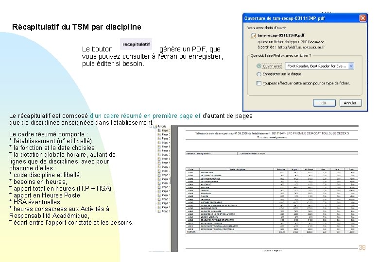 Récapitulatif du TSM par discipline Le bouton génère un PDF, que vous pouvez consulter