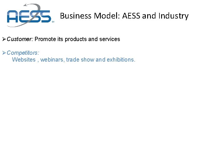 Business Model: AESS and Industry ØCustomer: Promote its products and services ØCompetitors: Websites ,