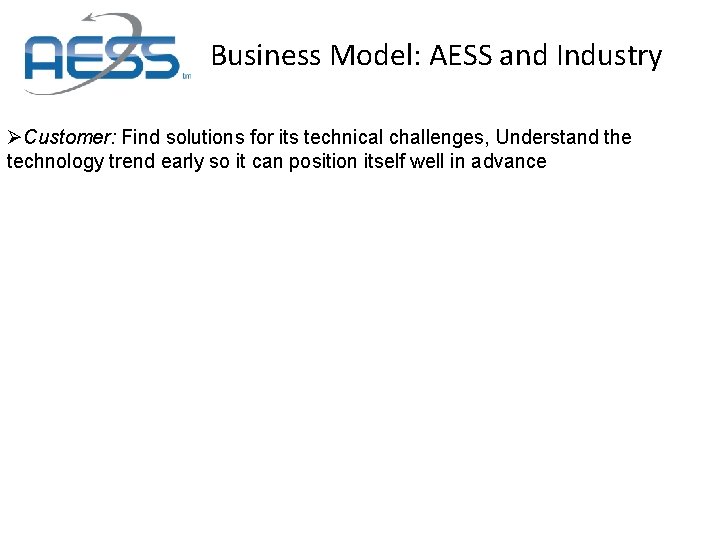 Business Model: AESS and Industry ØCustomer: Find solutions for its technical challenges, Understand the Business Model: AESS and Industry ØCustomer: Find solutions for its technical challenges, Understand the