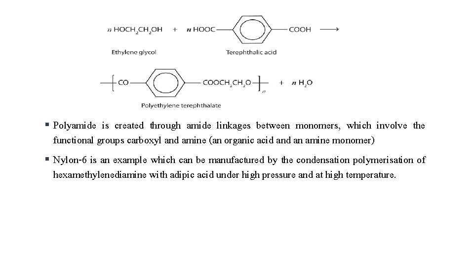 Polyamide is created through amide linkages between monomers, which involve the functional groups carboxyl