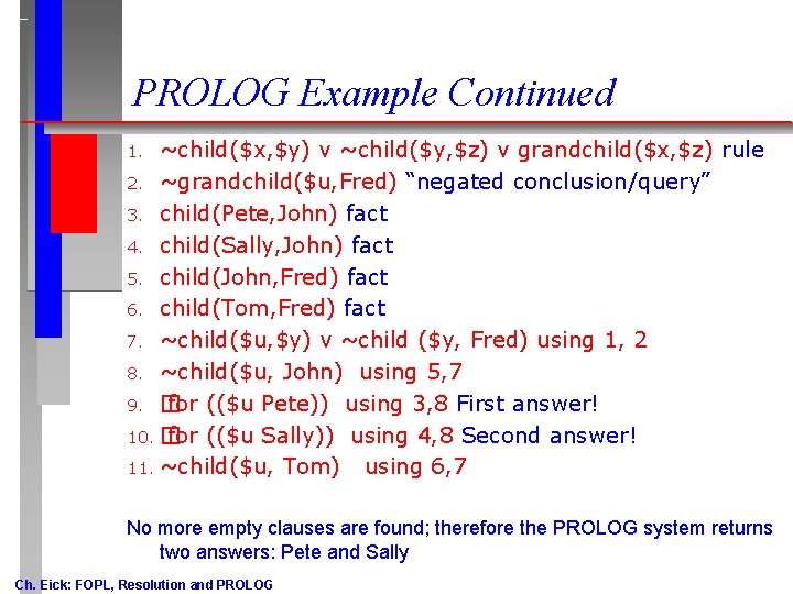 PROLOG Example Continued ~child($x, $y) v ~child($y, $z) v grandchild($x, $z) rule 2. ~grandchild($u, PROLOG Example Continued ~child($x, $y) v ~child($y, $z) v grandchild($x, $z) rule 2. ~grandchild($u,