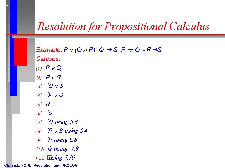 Resolution for Propositional Calculus Example: P v (Q R), Q S, P Q |- Resolution for Propositional Calculus Example: P v (Q R), Q S, P Q |-