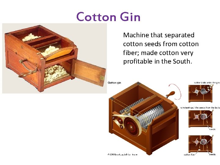 Cotton Gin Machine that separated cotton seeds from cotton fiber; made cotton very profitable