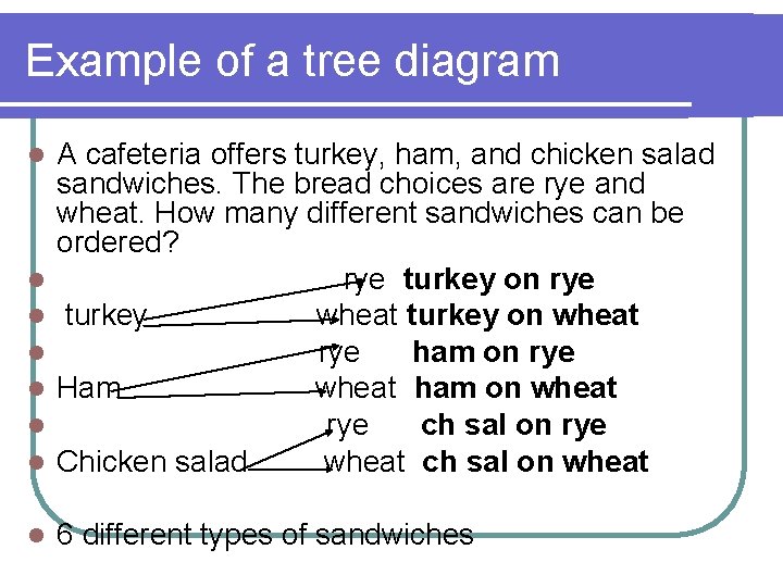 Example of a tree diagram l l l A cafeteria offers turkey, ham, and Example of a tree diagram l l l A cafeteria offers turkey, ham, and