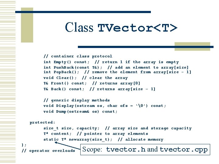 Class TVector<T> // container class protocol int Empty() const; // return 1 if the