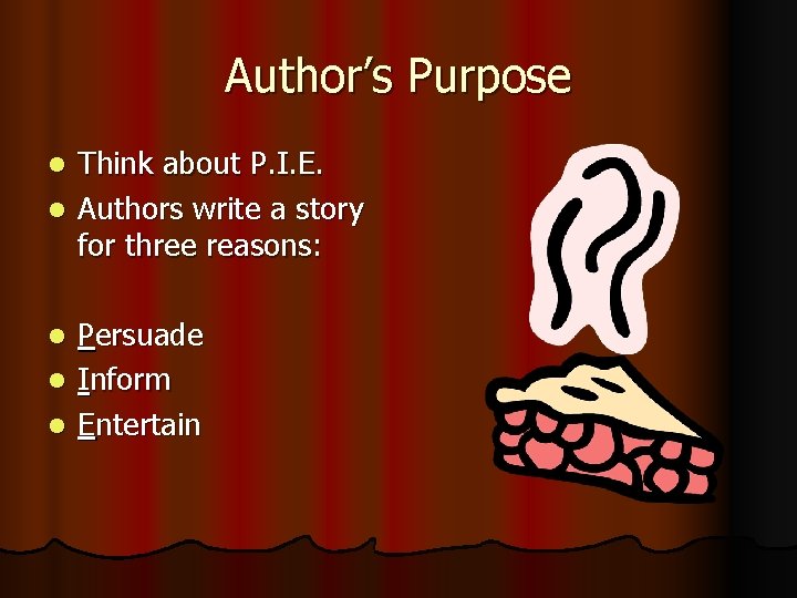 Author’s Purpose Think about P. I. E. l Authors write a story for three
