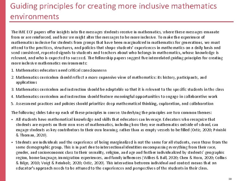 Guiding principles for creating more inclusive mathematics environments The IME ECF papers offer insights