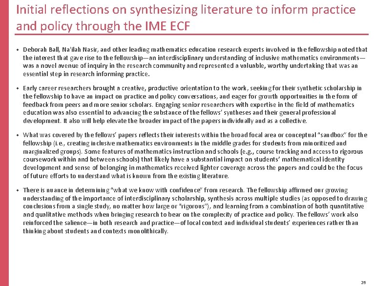 Initial reflections on synthesizing literature to inform practice and policy through the IME ECF