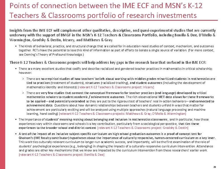 Points of connection between the IME ECF and MSN’s K‐ 12 Teachers & Classrooms