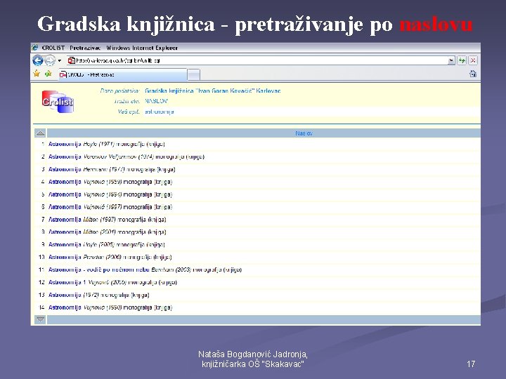 Gradska knjižnica - pretraživanje po naslovu Nataša Bogdanović Jadronja, knjižničarka OŠ "Skakavac" 17 