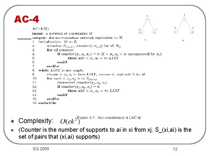 AC-4 l Complexity: l (Counter is the number of supports to ai in xi