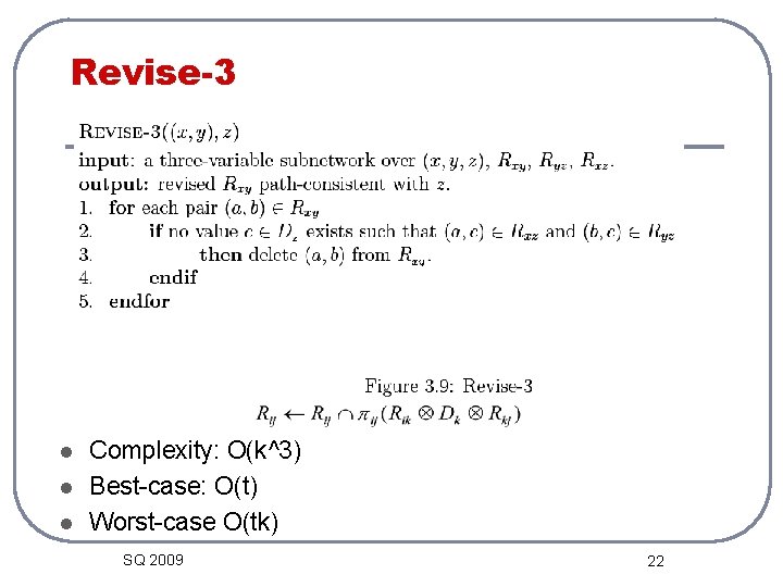 Revise-3 l l l Complexity: O(k^3) Best-case: O(t) Worst-case O(tk) SQ 2009 22 