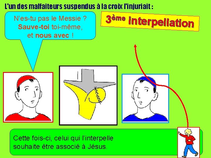 L’un des malfaiteurs suspendus à la croix l’injuriait : N’es-tu pas le Messie ? L’un des malfaiteurs suspendus à la croix l’injuriait : N’es-tu pas le Messie ?