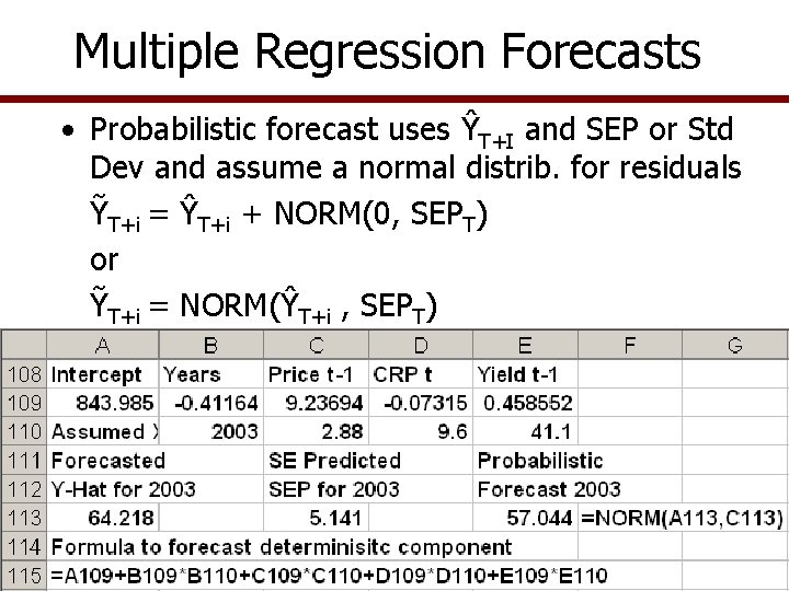 Multiple Regression Forecasts • Probabilistic forecast uses ŶT+I and SEP or Std Dev and