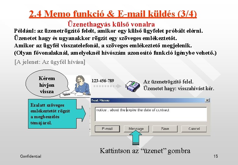 2. 4 Memo funkció & E-mail küldés (3/4) Üzenethagyás külső vonalra Például: az üzenetrögzítő