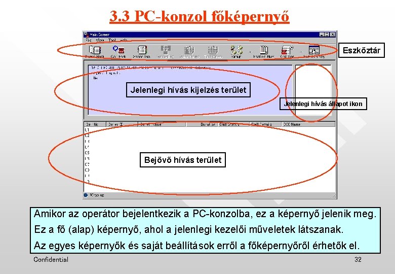 3. 3 PC-konzol főképernyő Eszköztár Jelenlegi hívás kijelzés terület Jelenlegi hívás állapot ikon Bejövő