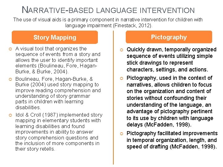 NARRATIVE-BASED LANGUAGE INTERVENTION The use of visual aids is a primary component in narrative