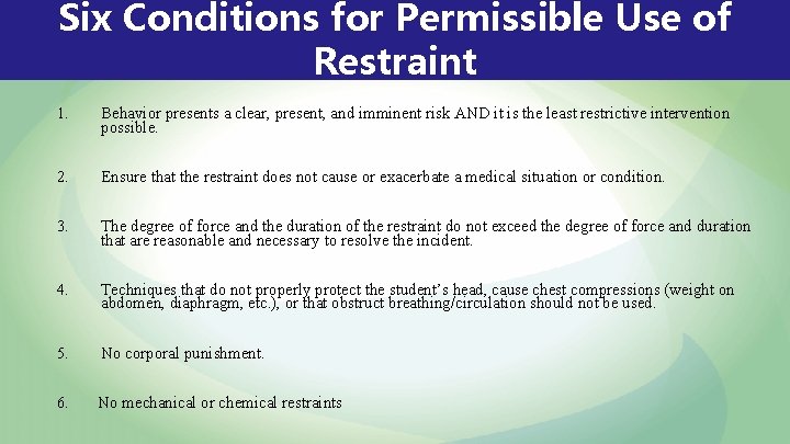 Six Conditions for Permissible Use of Restraint 1. Behavior presents a clear, present, and