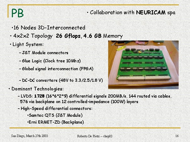 PB • Collaboration with NEURICAM spa • 16 Nodes 3 D-Interconnected • 4 x