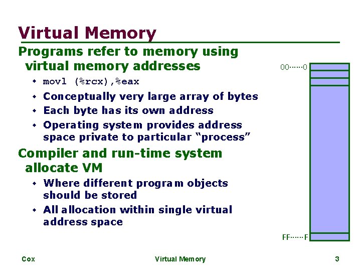 Virtual Memory Programs refer to memory using virtual memory addresses 00∙∙∙∙∙∙ 0 w movl