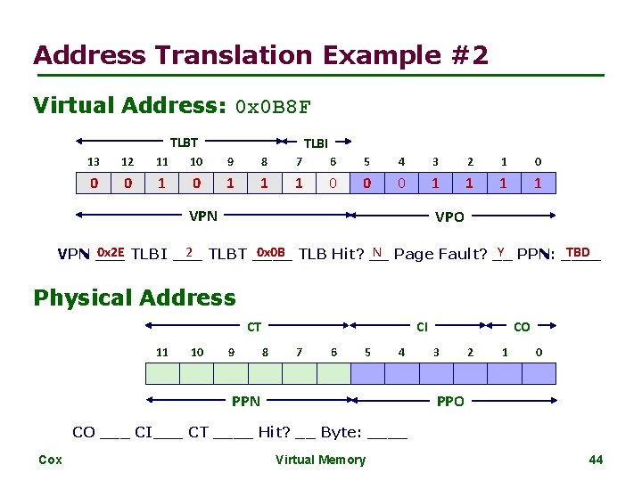 Address Translation Example #2 Virtual Address: 0 x 0 B 8 F TLBT TLBI