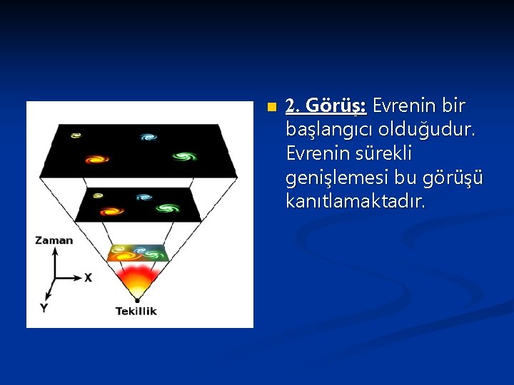 n 2. Görüş: Evrenin bir başlangıcı olduğudur. Evrenin sürekli genişlemesi bu görüşü kanıtlamaktadır. 