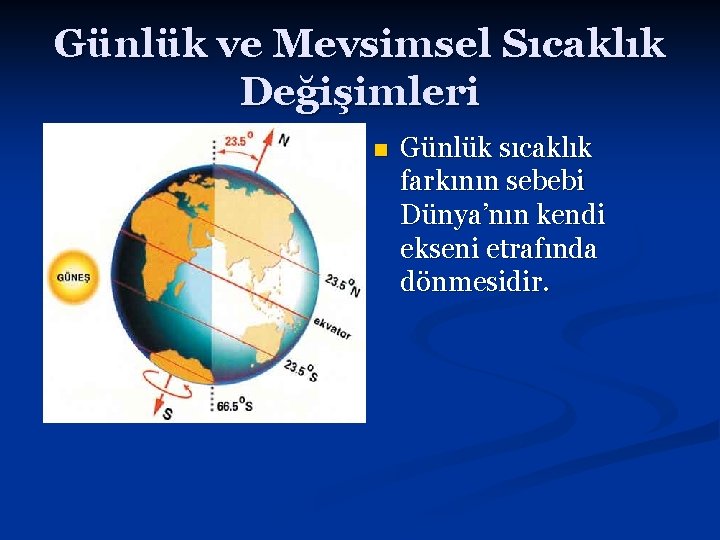 Günlük ve Mevsimsel Sıcaklık Değişimleri n Günlük sıcaklık farkının sebebi Dünya’nın kendi ekseni etrafında