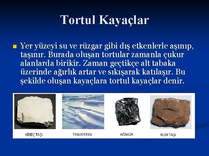 Tortul Kayaçlar n Yer yüzeyi su ve rüzgar gibi dış etkenlerle aşınıp, taşınır. Burada