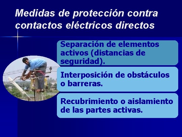 Medidas de protección contra contactos eléctricos directos Separación de elementos activos (distancias de seguridad).