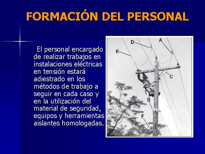 FORMACIÓN DEL PERSONAL El personal encargado de realizar trabajos en instalaciones eléctricas en tensión