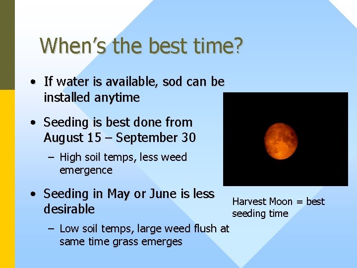 When’s the best time? • If water is available, sod can be installed anytime