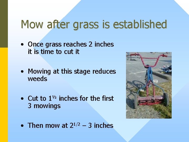 Mow after grass is established • Once grass reaches 2 inches it is time