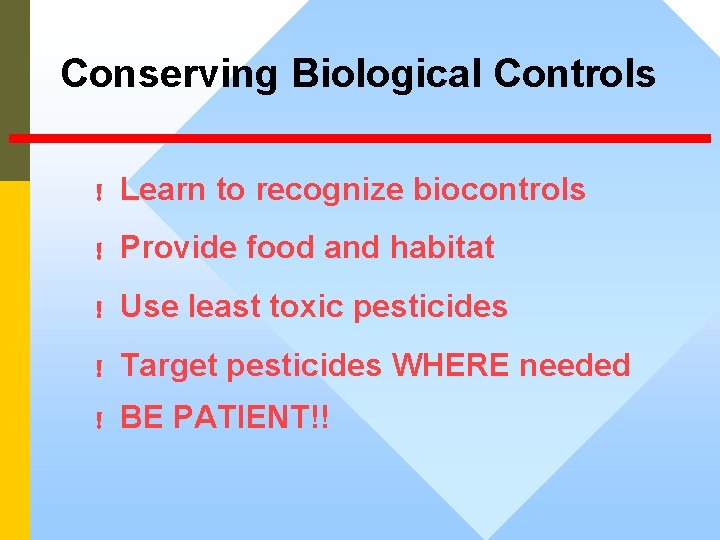 Conserving Biological Controls ! Learn to recognize biocontrols ! Provide food and habitat !