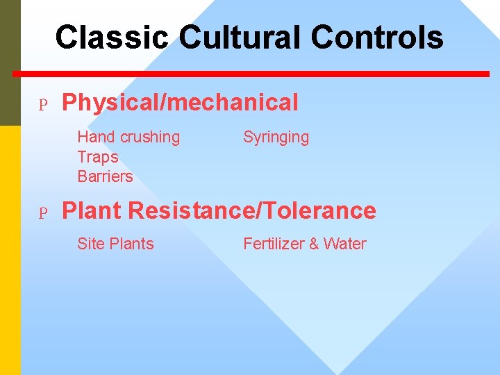 Classic Cultural Controls P Physical/mechanical Hand crushing Traps Barriers Syringing P Plant Resistance/Tolerance Site