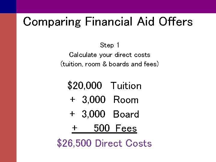 Comparing Financial Aid Offers Step 1 Calculate your direct costs (tuition, room & boards