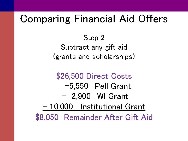 Comparing Financial Aid Offers Step 2 Subtract any gift aid (grants and scholarships) $26,