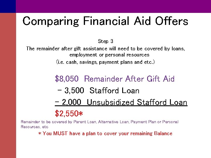 Comparing Financial Aid Offers Step 3 The remainder after gift assistance will need to