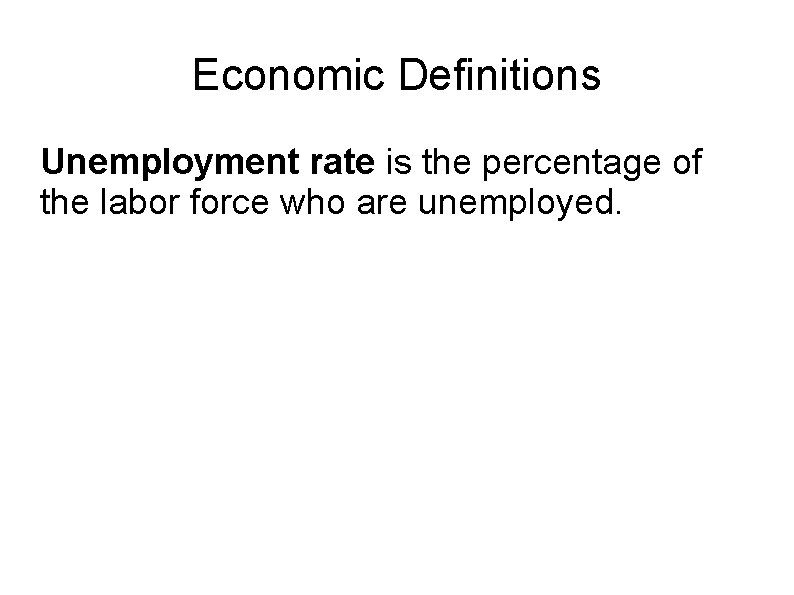 Economic Definitions Unemployment rate is the percentage of the labor force who are unemployed.