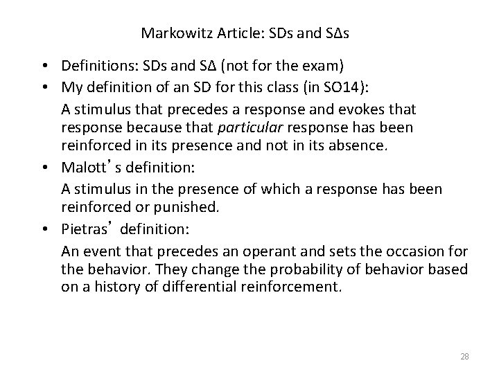 Markowitz Article: SDs and S∆s • Definitions: SDs and S∆ (not for the exam)