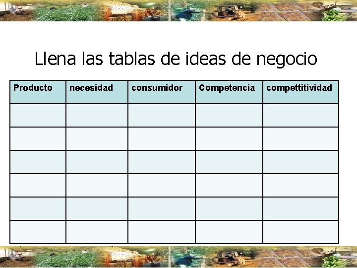 Llena las tablas de ideas de negocio Producto necesidad consumidor Competencia compettitividad 