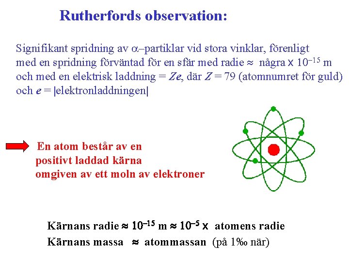 Rutherfords observation: Signifikant spridning av a–partiklar vid stora vinklar, förenligt med en spridning förväntad