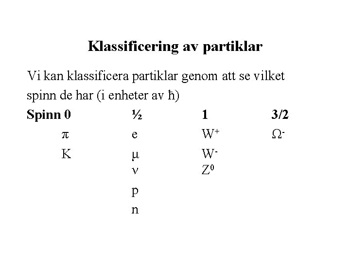 Klassificering av partiklar Vi kan klassificera partiklar genom att se vilket spinn de har