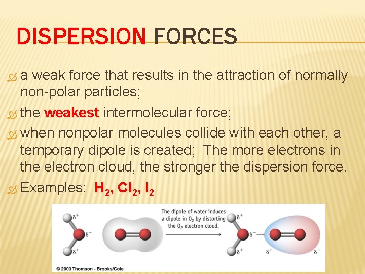 DISPERSION FORCES a weak force that results in the attraction of normally non-polar particles;