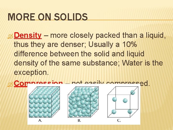 MORE ON SOLIDS Density – more closely packed than a liquid, thus they are
