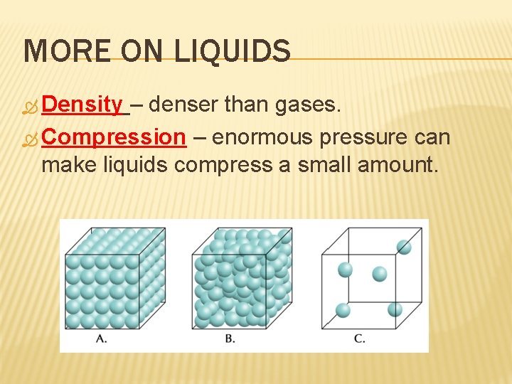 MORE ON LIQUIDS Density – denser than gases. Compression – enormous pressure can make