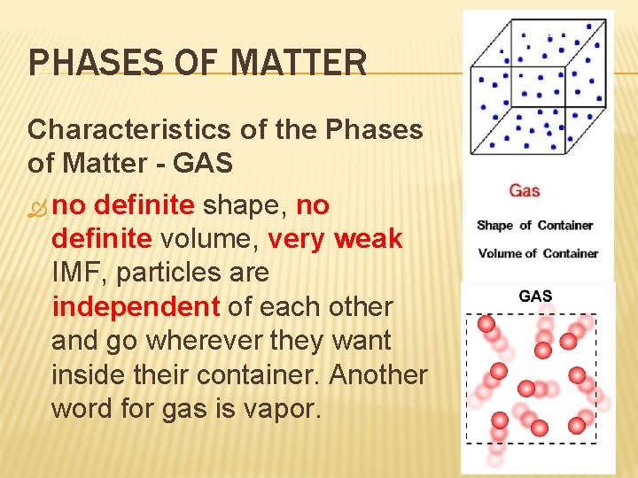 PHASES OF MATTER Characteristics of the Phases of Matter - GAS no definite shape,