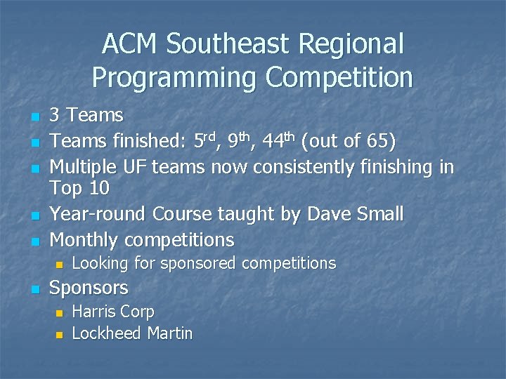 ACM Southeast Regional Programming Competition n n 3 Teams finished: 5 rd, 9 th,